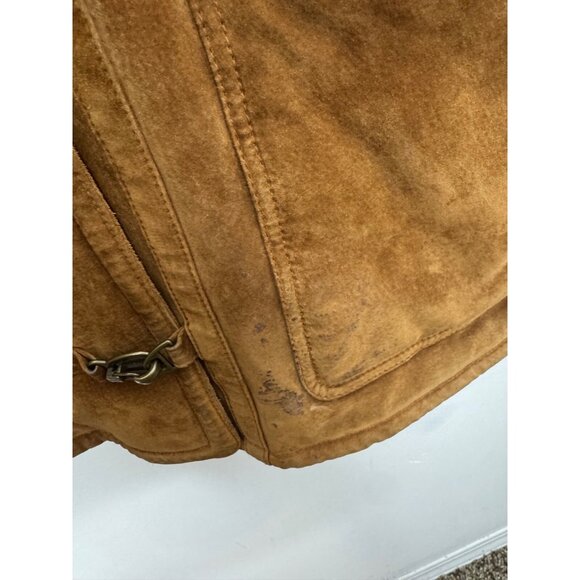 Gallery Tan Leather Faux Shearling Hooded Coat Women's L Oversized Toggle Style - Picture 3 of 9